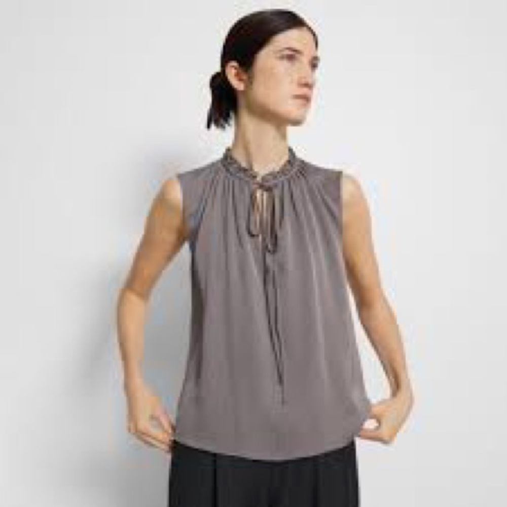 Theory Sleeveless Tie-Neck Blouse in Taupe